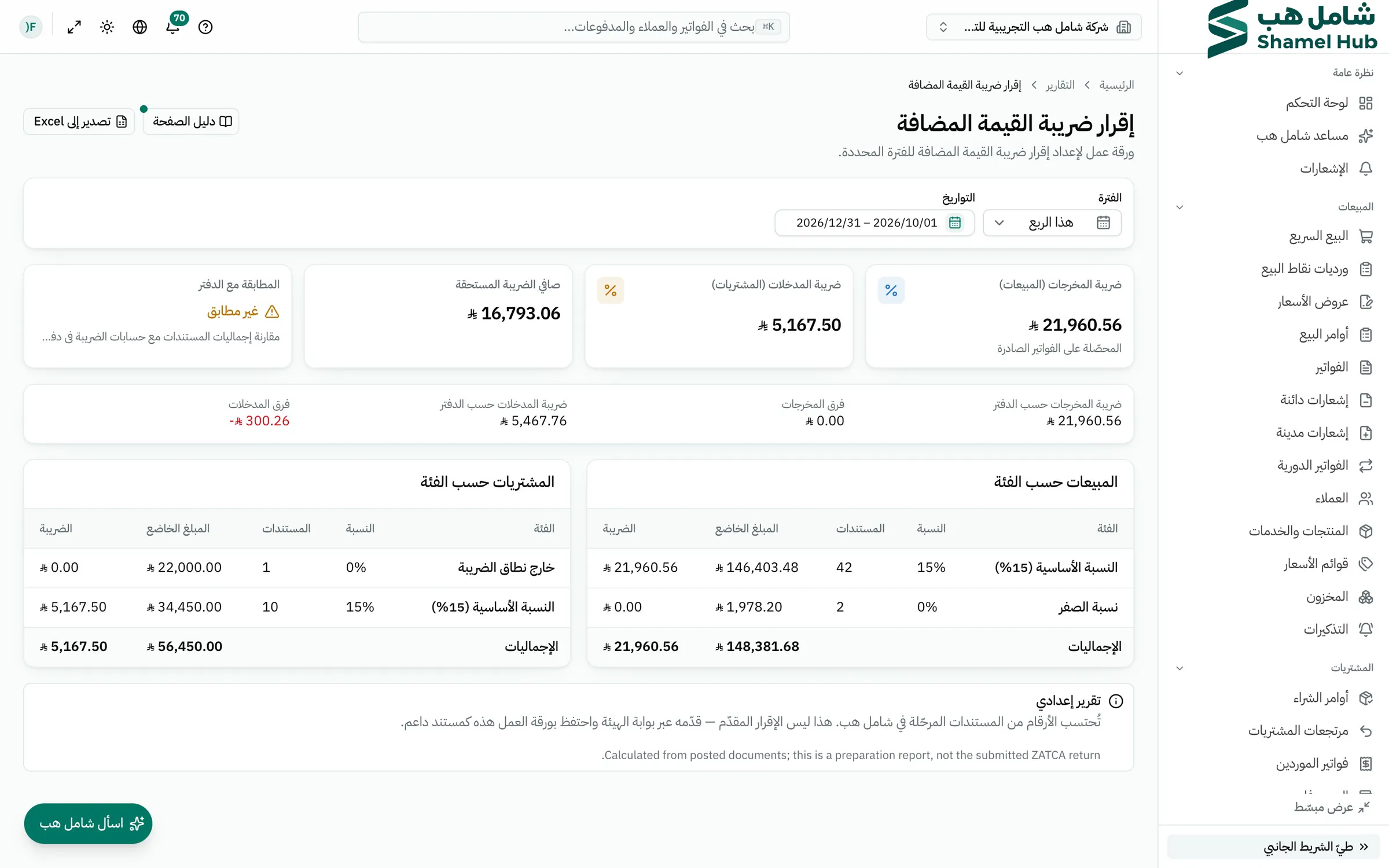 تقرير تحضير إقرار ضريبة القيمة المضافة